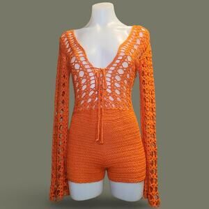 Glam by KS Orange Crochet Romper S Long Bell Sleeve Tie Front or Back Reversible